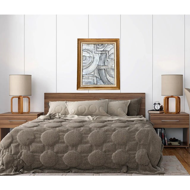 Original large mix media sculpture abstract Mid-Century Inspired Paintings in white and grays color with Vintage gold...