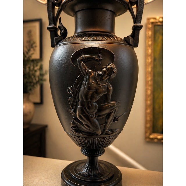 Late 20th Century Late 20th Century Neoclassical Black Urn Table Lamps With Figural Relief - a Pair For Sale - Image 5 of 6