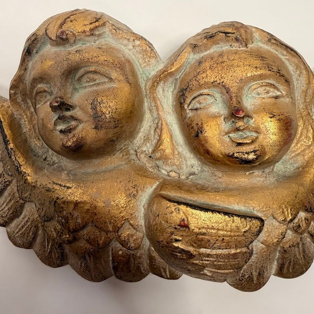 Shabby Chic Vintage Gold Cherub Angel Wall Plaque Double Winged Putti Relief Sculpture 10in For Sale - Image 3 of 13