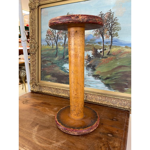 Industrial Wooden Textile Mill Bobbin or Spool With Red Painted Ends For Sale - Image 4 of 10