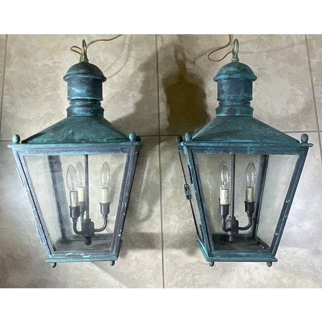 Large Pair of Vintage Copper Hanging Lanterns - 12”x 12”x 24” For Sale In Miami - Image 6 of 12