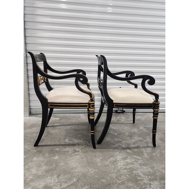Traditional Maitland-Smith Regency Style Ebonized & Gilt Armchairs- A Pair For Sale - Image 3 of 16