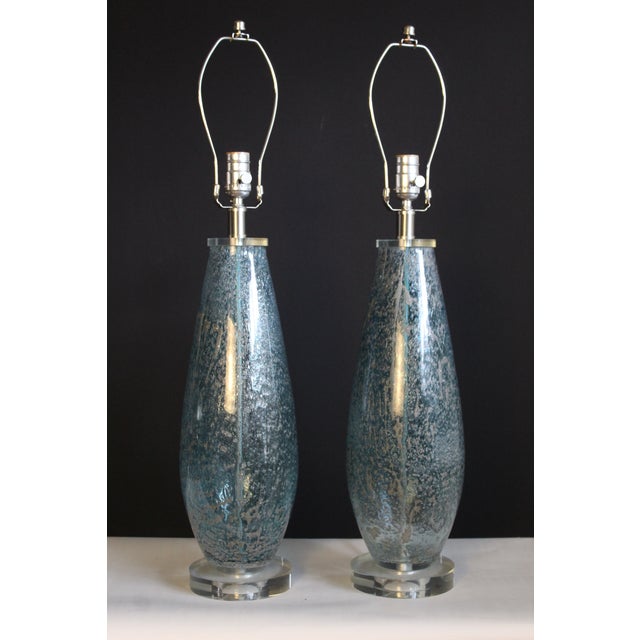 Mid 20th Century Mezza Murano Style Aqua Frost Lamps - a Pair For Sale - Image 11 of 14
