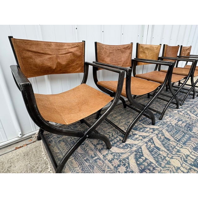 Restoration Hardware Restoration Hardware 1970s French Director's Dining Chairs | Set of 5 | Chestnut Leather For Sale - Image 4 of 17