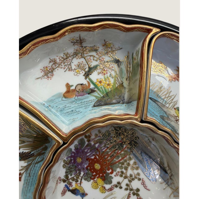 Gold Vintage Japanese Porcelain 7-Pc Lazy Susan Sweet Meat Set Birds Flowers Gold For Sale - Image 8 of 13