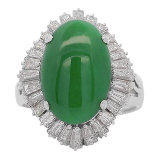 7.50 Carat Untreated Oval Green Jadeite With Baguette Diamonds in Platinum Ring Size 6.5 For Sale