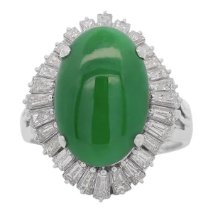 7.50 Carat Untreated Oval Green Jadeite With Baguette Diamonds in Platinum Ring Size 6.5