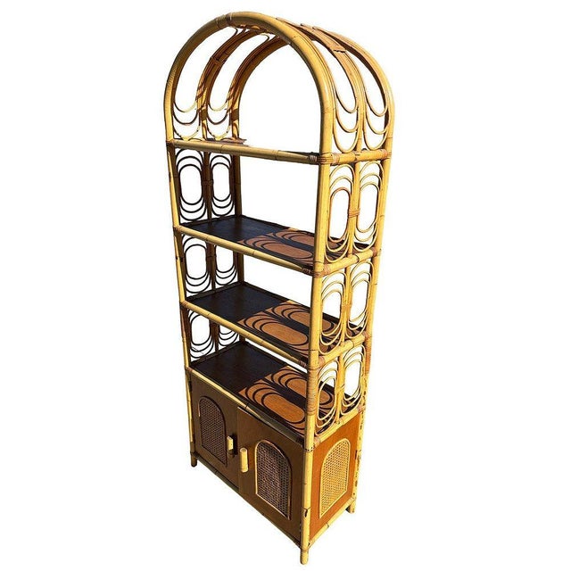 Mid-Century Modern 1970s Mid-Century Rattan Etagere Display Curio Cabinet W/ Mahogany Shelfs For Sale - Image 3 of 8