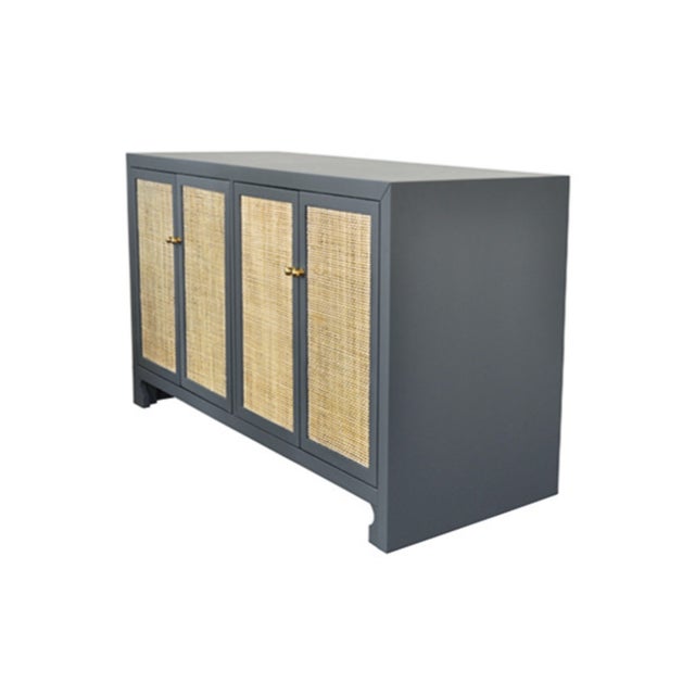 Contemporary Matthew Izzo Home Sofia Matte Gray Canvas Buffet With Four Caned Doors and Brass Hardware For Sale - Image 3 of 6
