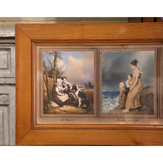 French Mid 19th Century French Watercolor Pictures Under Glass in Pine Frame For Sale - Image 3 of 11