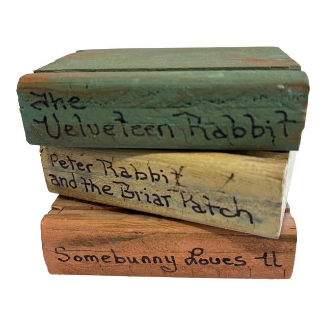 Vintage Hand-Painted Wooden Bunny Book Stack Decor For Sale