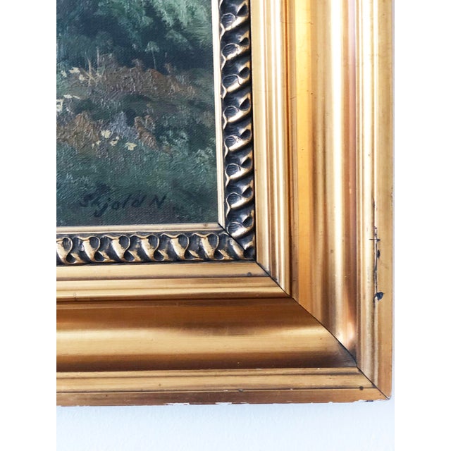 A vintage original oil painting of a countryside cottage, dating from around 1940. The painting shows a cottage with free-...