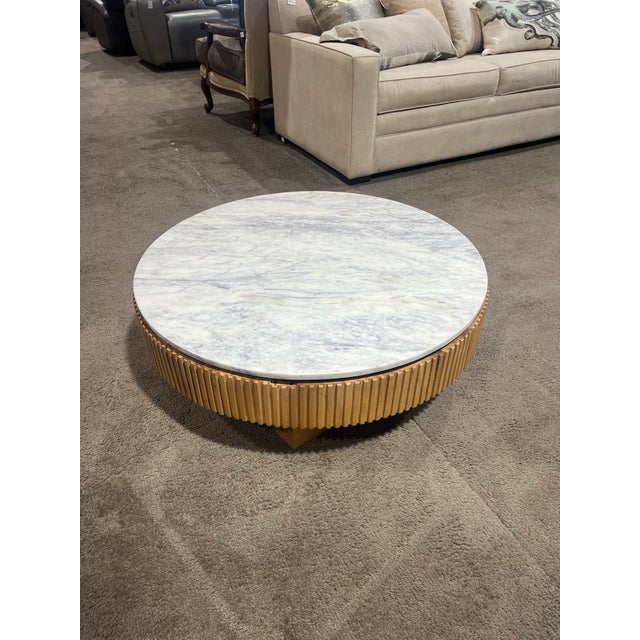 Contemporary Four Hands Round Oak “Leland” Coffee Table With White Marble Top For Sale - Image 3 of 9