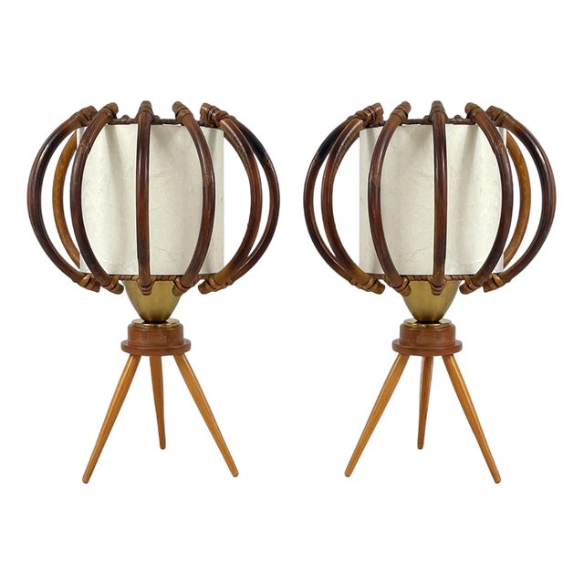 Bamboo, Birch & Parchment Tripod Table Lamps, France, 1950s, Set of 2 For Sale