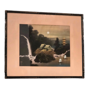 Mid 20th Century Signed Japanese Silk Painting | Japandi Moonlight Waterfall Landscape in Rustic Bamboo Frame