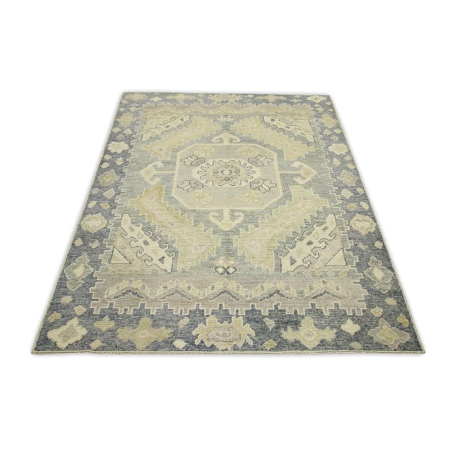 Early 21st Century Early 21st Century Green & Gray Geometric Design Handwoven Wool Turkish Oushak Rug 4'9" X 6'1" For Sale - Image 5 of 7