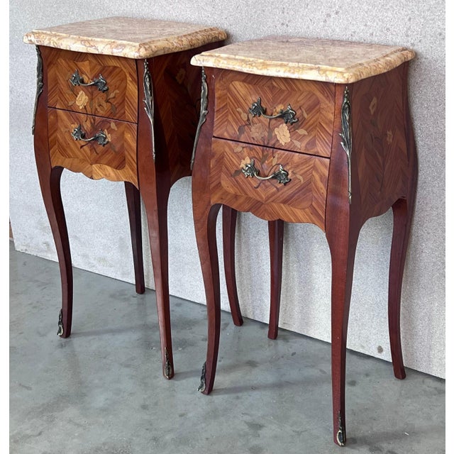 Antique Louis XV French Marquetry Marble Top Nightstands, Set of 2 For Sale - Image 17 of 18