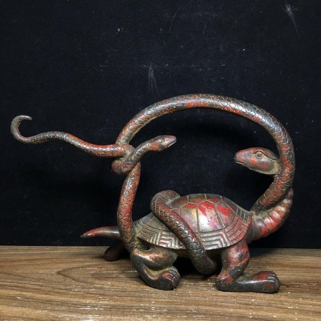 Antique Bronze Dark Warrior Turtle & Snake Sculpture – 10.6" Xuanwu Mythical Beast For Sale - Image 4 of 9