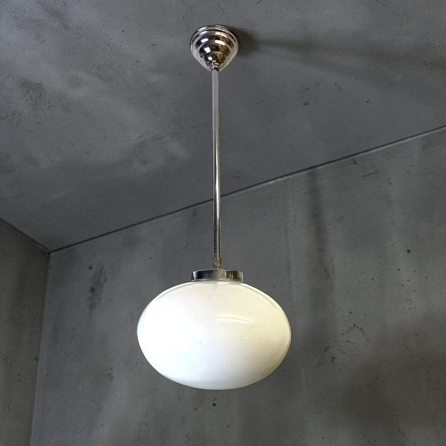 Art Deco Portuguese Oval White Opaline Glass Hanging Lamp, 1950s For Sale - Image 12 of 12