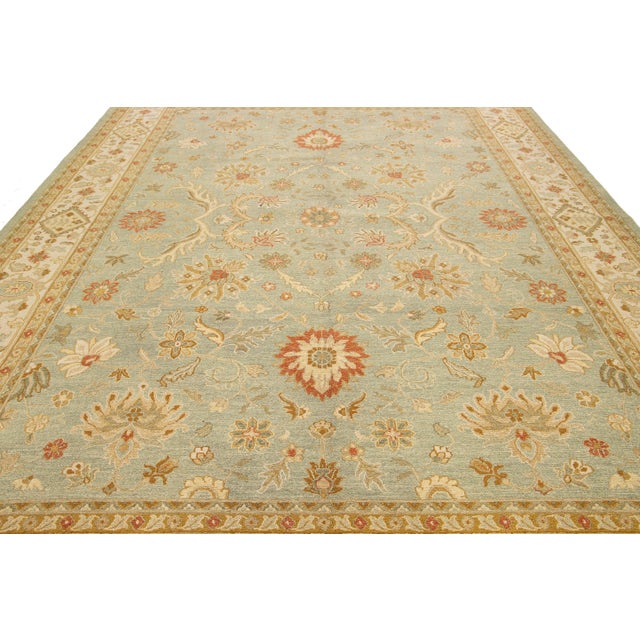 Modern Hand-Knotted Peshawar Wool Rug in Light Green With Floral Pattern - 10′ × 13′8″ For Sale - Image 9 of 10