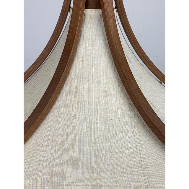 Wood Teak and Linen Umbrella Pendant Hanging Lamp attributed to Domus, 1970s For Sale - Image 7 of 14