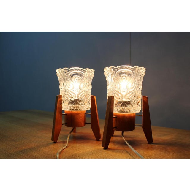 Mid-Century Czech Wood and Glass Table Lamps, 1970s, Set of 2 For Sale - Image 9 of 11