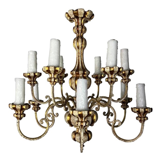 1930s Italian (12) Light Painted & Parcel Gilt Chandelier For Sale