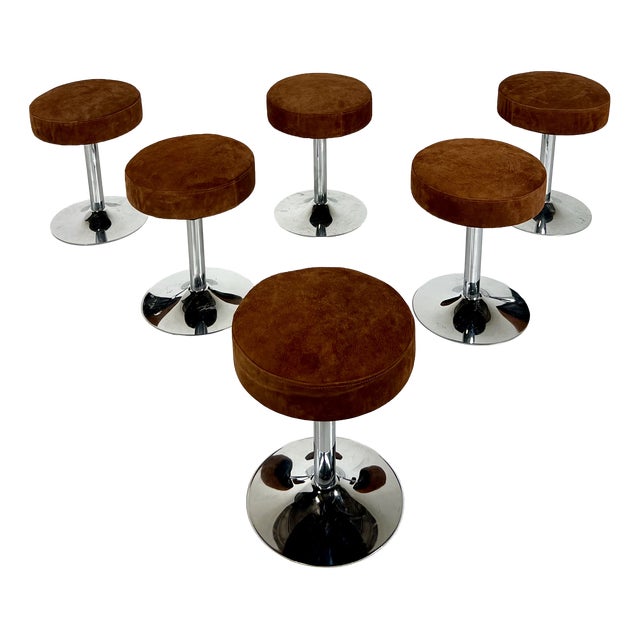 Swivel Stools in Chrome and Brown Leather, 1970s, Set of 6 For Sale