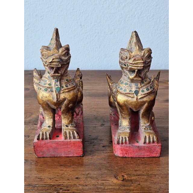 Antique Southeast Asian Burmese Glass Jewel Inlaid Qilin Foo Dog Lion Figure Carvings - a Pair For Sale In Dallas - Image 6 of 12