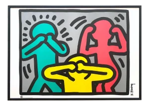 Keith Haring Estate Vintage 1998 Framed Pop Art Poster " Speak No, Hear No, See No Evil " 1989