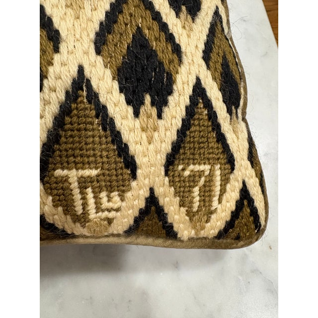 Mid-Century Modern Vintage Signed Bargello Flame-Stitched Pillow - Handmade of Wool and Velvet - 15” X 15” For Sale - Image 3 of 6