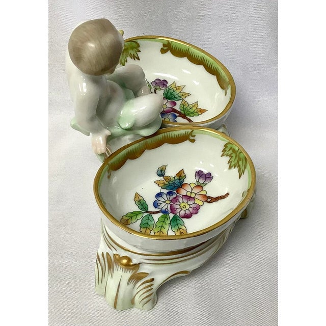 Herend Vintage Herend Queen Victoria Porcelain Twin Salt Cellar With Cherub For Sale - Image 4 of 8