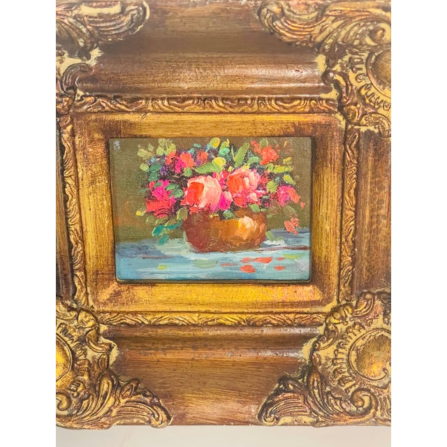 Shabby Chic 1960s Lovely Small Floral Oil on Board Painting With Antique Frame For Sale - Image 3 of 3