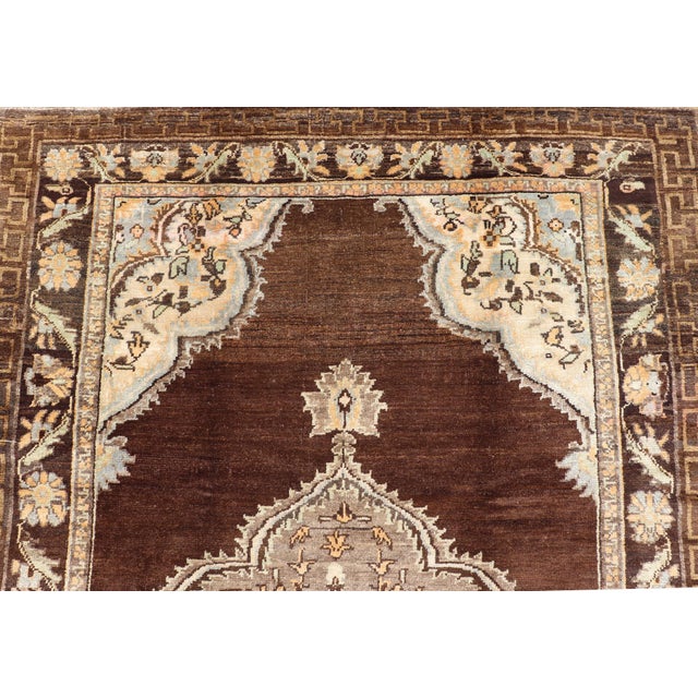 Mid 20th Century Brown Background Floral Medallion Vintage Turkish Kars Rug in Ivory and Taupe For Sale In Atlanta - Image 6 of 14