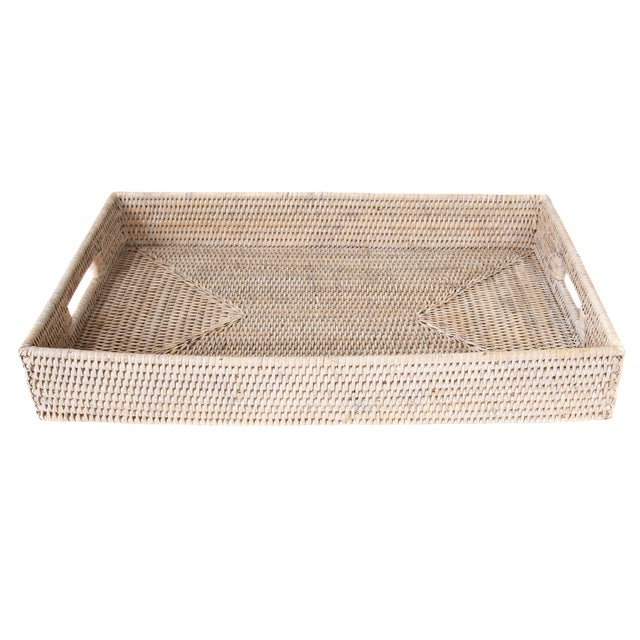 Artifacts Rattan Rectangular Tray With Cutout Handles, White Wash, 20" For Sale