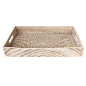 Artifacts Rattan Rectangular Tray With Cutout Handles, White Wash, 20"