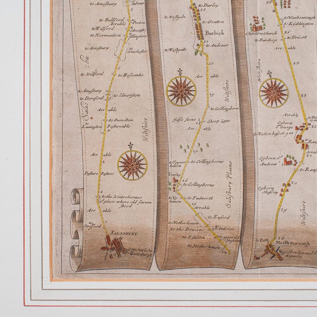 Glass Antique Coaching Map, Salisbury to Campden, English, Framed Cartography, Ogilby For Sale - Image 7 of 12