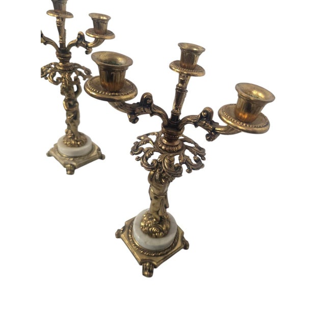 American Pair of Vintage French Rococo-Style Figural Three-Light Candelabras With Marble Bases For Sale - Image 3 of 8