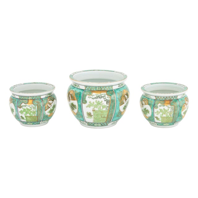 Gold Imari Hand-Painted Porcelain Jardinieres, 3 For Sale