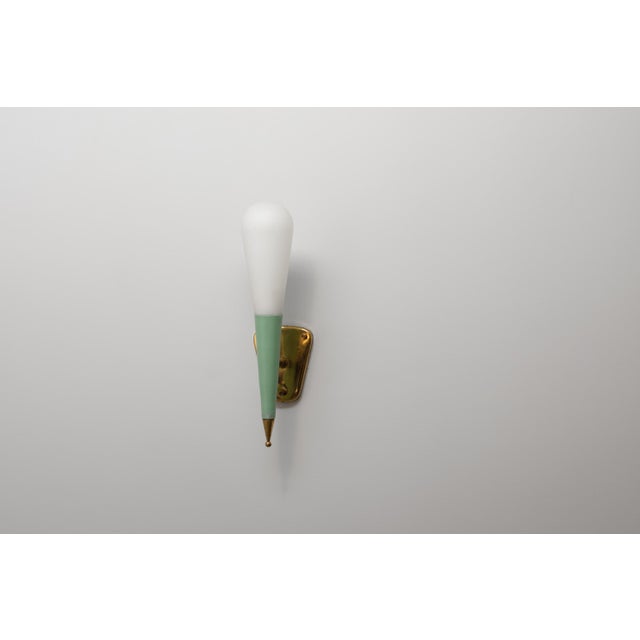 Vintage Italian Brass and Green-Lacquered Steel Wall Sconce with Opaline Glass Shade, 1950s For Sale - Image 6 of 7