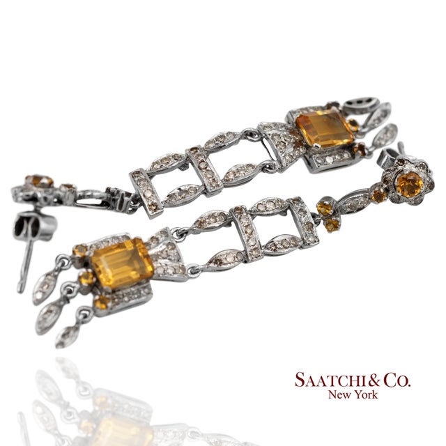 14k(585) White Gold Natural Diamond and Yellow Sapphire Pretty Teardrop Earrings, A Pair For Sale - Image 4 of 9