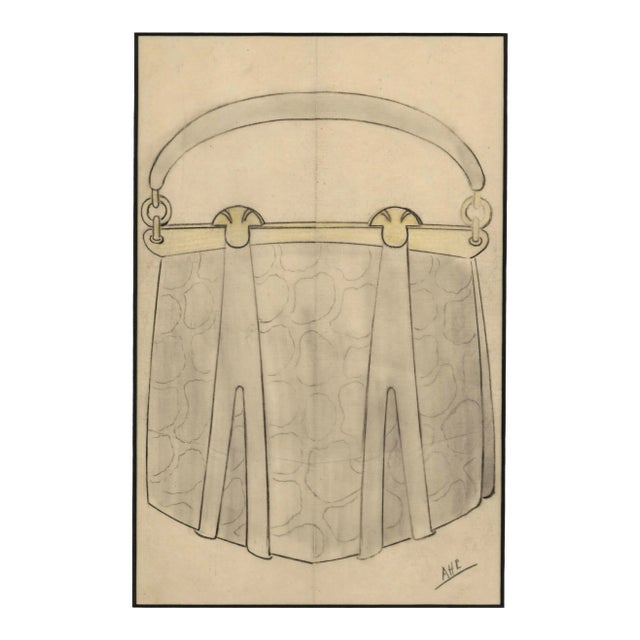 1930s Art Deco French Pocketbook Fashion Design Drawing, Matted For Sale