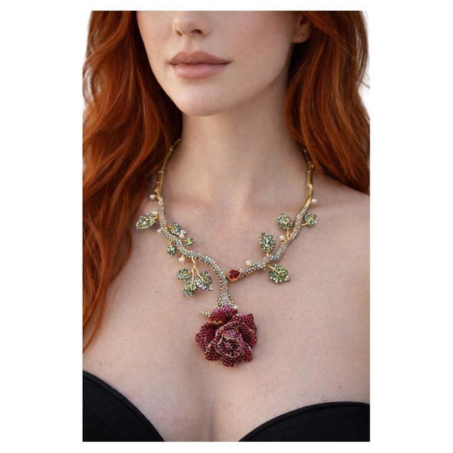 Bochic “Orient” Vintage Ruby, Tsavorite, Zircon & Diamond Necklace 18K Gold & Silver For Sale - Image 4 of 12