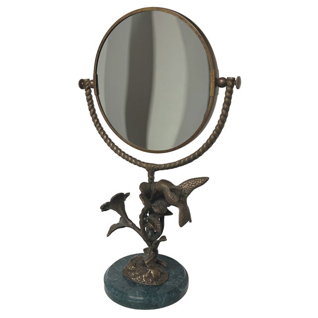 Metal Brass and Marble Hummingbird & Flower Tabletop Vanity Mirror For Sale - Image 7 of 12