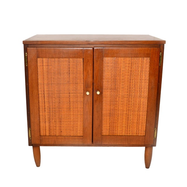 1950s Mid-Century Modern 2 Woven Cane Doors Wood Cabinet Brass