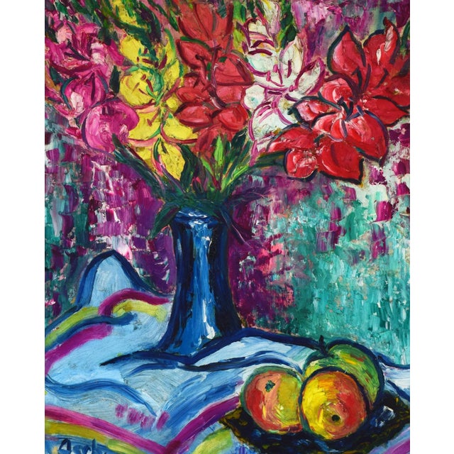 1960s Vintage Mid Century Post Impressionist Floral Still Life Oil Painting of Gladiola Flowers, Aschner 1961 For Sale - Image 5 of 9