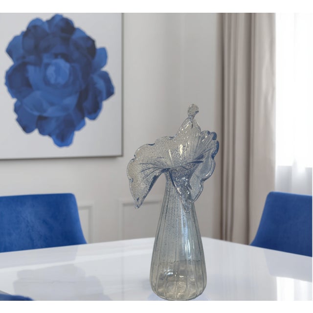 21 In. Tall Art Glass Clear Fluted Confetti Blue Speckled Flower Shaped Vase For Sale - Image 12 of 17
