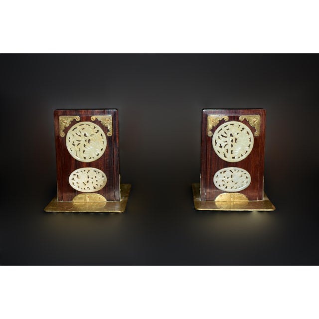 Pair Antique Rosewood Jade Bookends For Sale - Image 4 of 14
