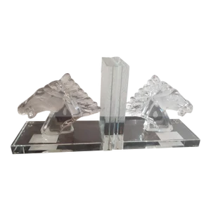 1970s Clear Glass Horse Head Bookends Set of 2