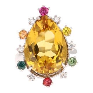 12.25 Carat Pear Cut Citrine Sapphire Diamond Yellow Gold Cocktail Ring Size 7 For Sale